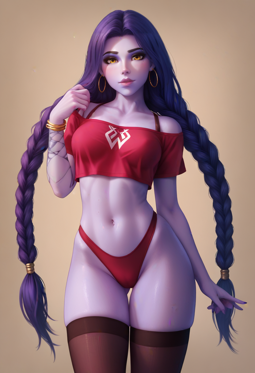 ai generated, bare shoulders, bracelet, braid, braided ponytail, breasts, brown background, colored skin, crop top, earrings, female, hoop earrings, jewelry, lips, lipstick, long braid, long hair, looking at viewer, makeup, medium breasts, navel, off shoulder, overwatch, overwatch 2, purple hair, purple skin, red panties, solo, stable diffusion, thighhighs, twin braids, very long hair, widowmaker, yellow eyes