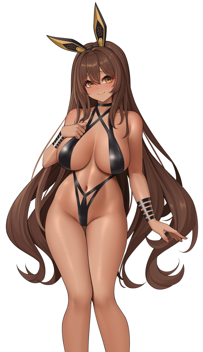 arm at side, blush, blushing, breasts, closed mouth, female, goddess of victory: nikke, hand on breast, large breasts, looking to the side, nail polish, naughty smile, noir (nikke), one arm up, smile