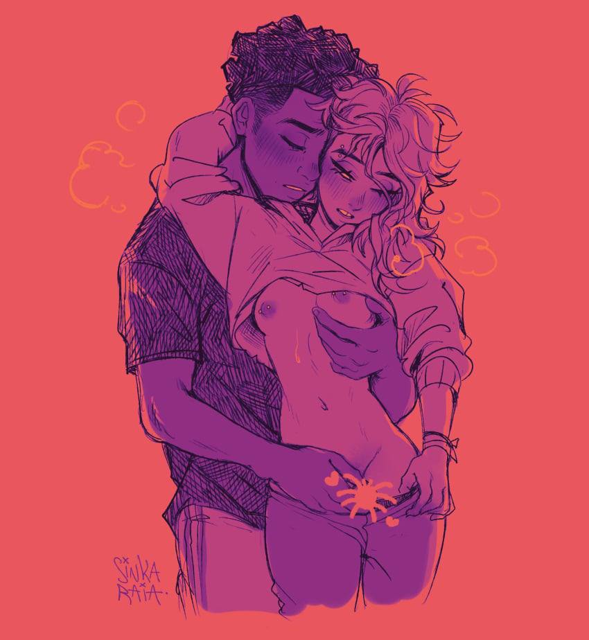 1boy 1girls 2d 2d_(artwork) casual censored color couple couple_(romantic) dark-skinned_male dark_skin eyebrow_piercing female fingering fondling_breast gwen_stacy gwen_stacy_(spider-verse) illustration light-skinned_female light_skin male marvel miles_morales miles_morales_(spider-verse) monochrome shaved_side sinkaraia spider-gwen spider-man:_across_the_spider-verse spider-man:_into_the_spider-verse superhero superheroine wholesome