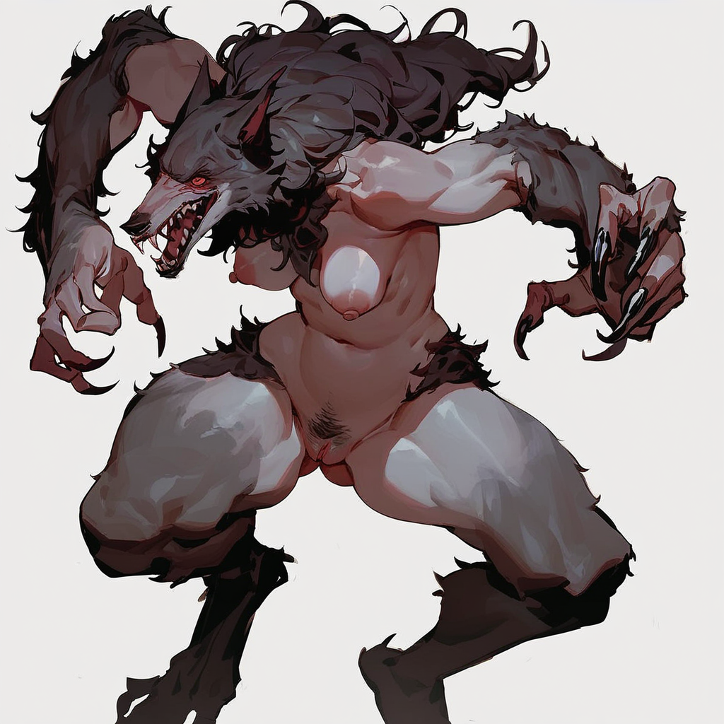 ai_generated female furry horror sharp_claws sharp_teeth teratophilia werewolf