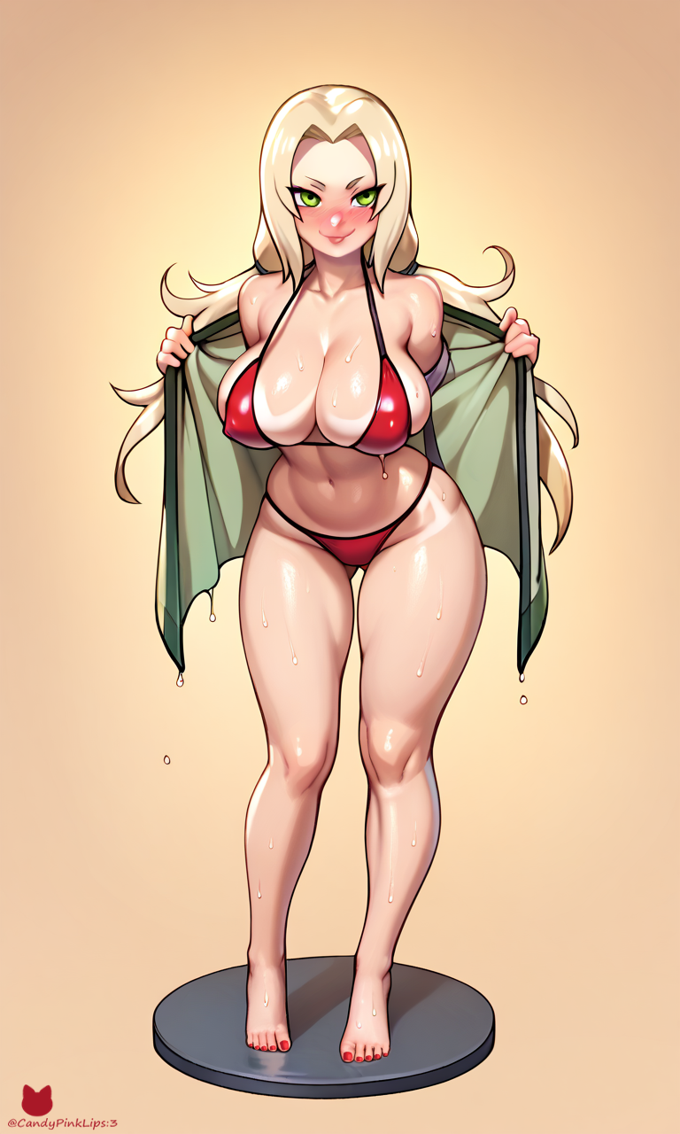 bare_legs bare_shoulders barefoot big_ass big_breasts bikini blush breasts erect_nipples eyelashes feet female green_eyes hands_on_towel large_breasts legs lipstick looking_at_viewer milf naruto naruto_(series) naruto_shippuden naughty_face naughty_smile puffy_breasts puffy_nipples red_bikini smile tanned tanned_female tanned_skin toenail_polish toes towel_on_shoulder tsunade twintails wet yellow_hair