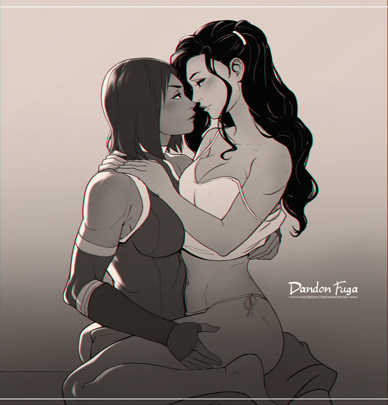 2girls, artist name, asami sato, avatar legends, barely clothed, black hair, blush, breasts, canon couple, cleavage, clothed, clothing, dandon fuga, dark skin, dark-skinned female, female, female only, korra, large breasts, long hair, multiple females, multiple girls, navel, nickelodeon, short hair, the avatar, the legend of korra, thighs, water tribe, yuri