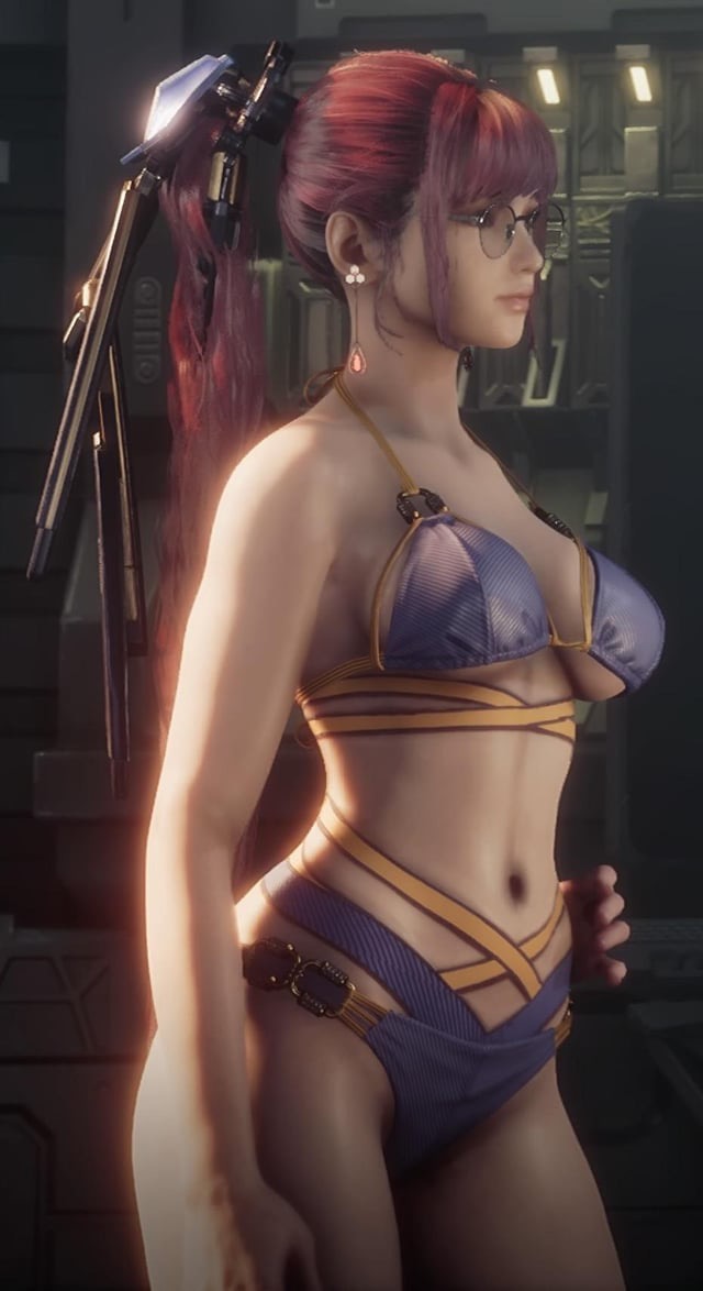 1girls 3d asian_female bikini blue_bikini bra_strap breasts curvy_figure earrings eve_(stellar_blade) female gameplay gameplay_screenshot glasses hand_on_hip large_breasts light-skinned_female midriff ponytail red_hair solo solo_female stellar_blade thighs underboob