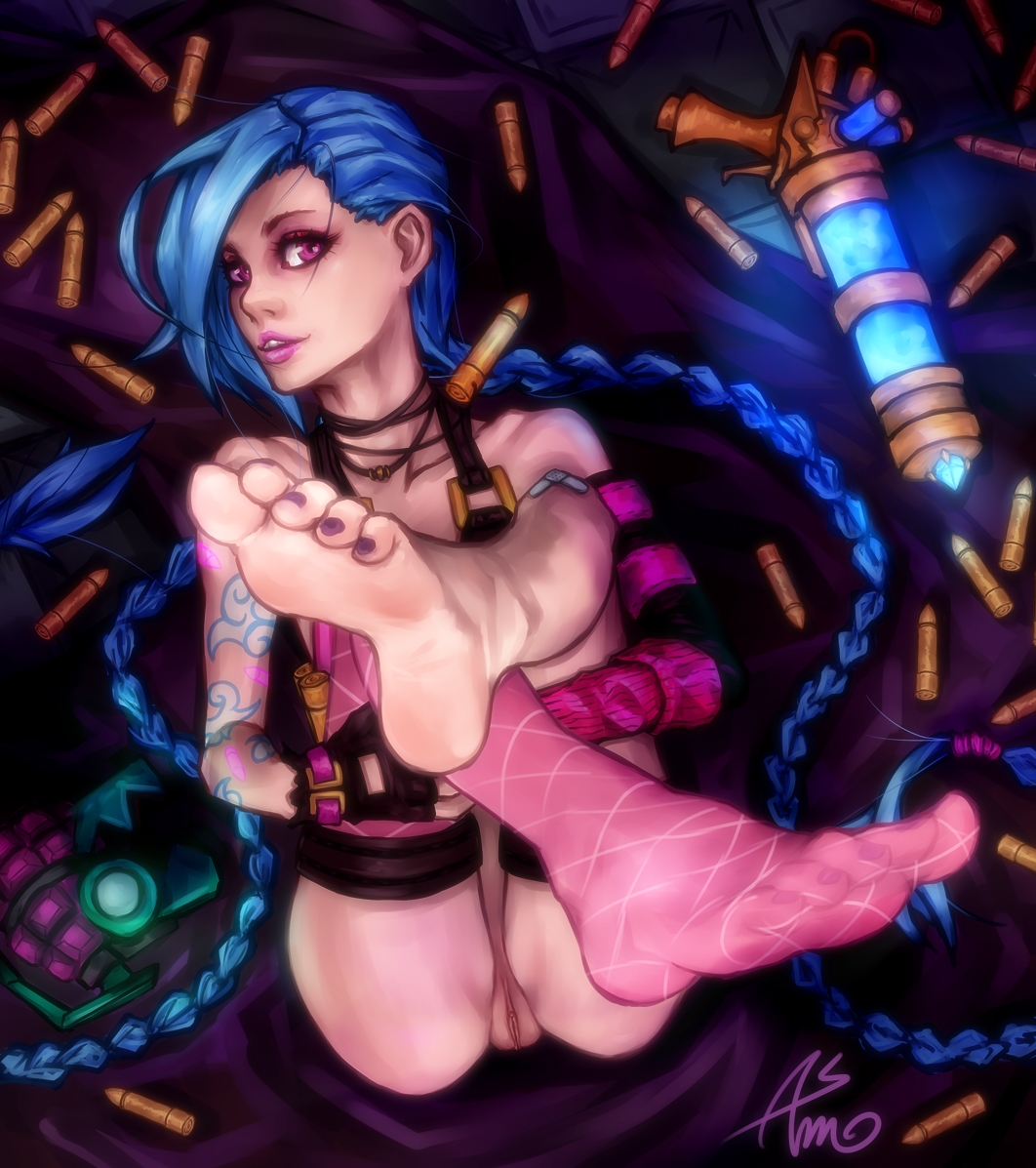 asmo blue_hair braid bullet feet female fishnet_legwear fishnets gloves jinx_(league_of_legends) league_of_legends lipstick long_hair looking_at_viewer makeup mismatched_gloves pink_legwear pov_feet pussy red_eyes single_thighhigh solo tattoo thighhighs tied_hair twin_braids very_long_hair