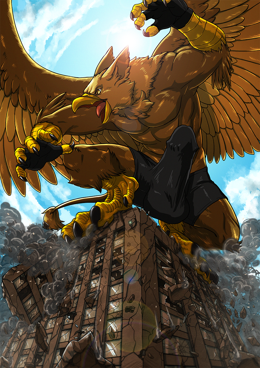 1anthro 4_toes 5_fingers affront_to_nature alternate_version_available anthro avian balls barbed_corona_glans boner brown_body brown_fur building carpo city claws clothing destruction erection feathered_wings feathers fingerless_gloves fur genitals gryphon humanoid_genitalia humanoid_penis male male_only mostly_nude muscular muscular_male mythological_avian mythological_creature mythology penis rampage solo tail talons tatugon testicles trunks_(clothing) wings yellow_eyes