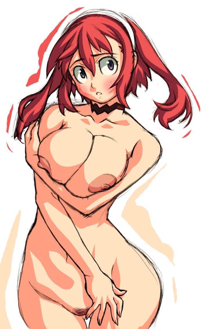 1girls areolae bb breast_hold breast_squeeze breasts choker embarrassed enf female huge_breasts kei_(bekei) kei_(pixiv14657) nipples nude original pubic_hair red_hair solo trembling wide_eyed