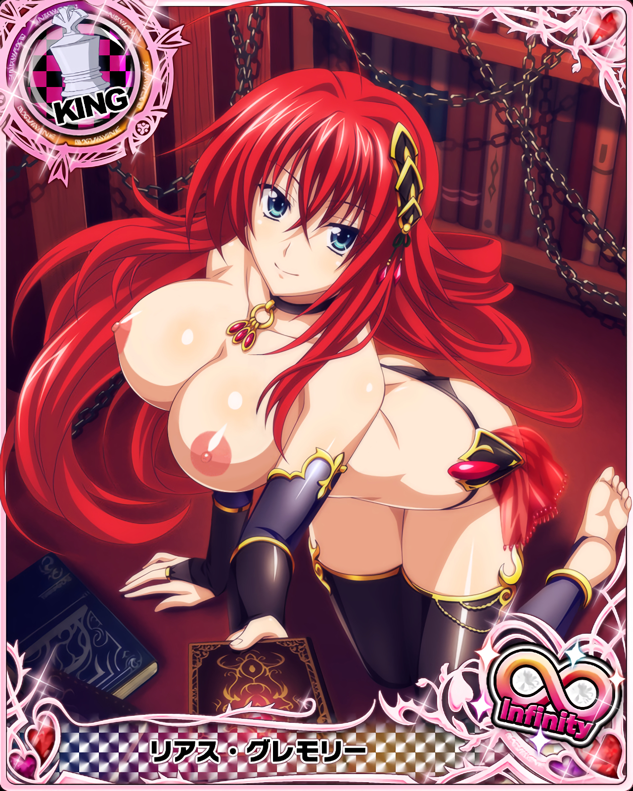 ahoge, areolae, blue eyes, breasts, card (medium), female, female only, hair ornament, high school dxd, kneeling, large breasts, long hair, looking at viewer, nipples, panties, photoshop, pointy chin, red hair, rias gremory, smile, solo, thighhighs, topless