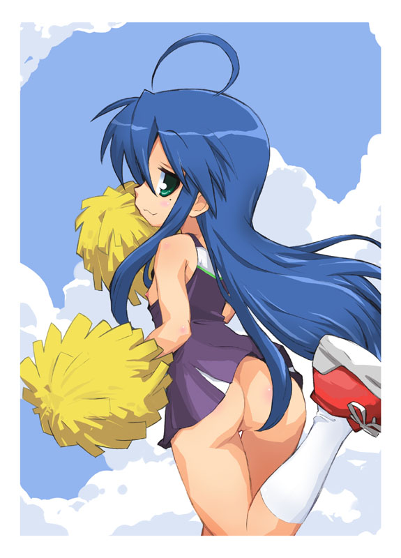 ahoge ass blue_hair breast breasts cheerleader cloud female green_eyes hermmy human konata_izumi lucky_star mole nipple_slip nipples no_panties pom_poms profile solo