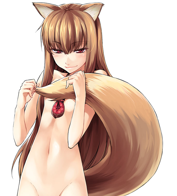 1girls animal_ears blush covering covering_nipples flat_chest holo long_hair nude ookamimimi puyo red_eyes spice_and_wolf tail wolf_ears wolfgirl