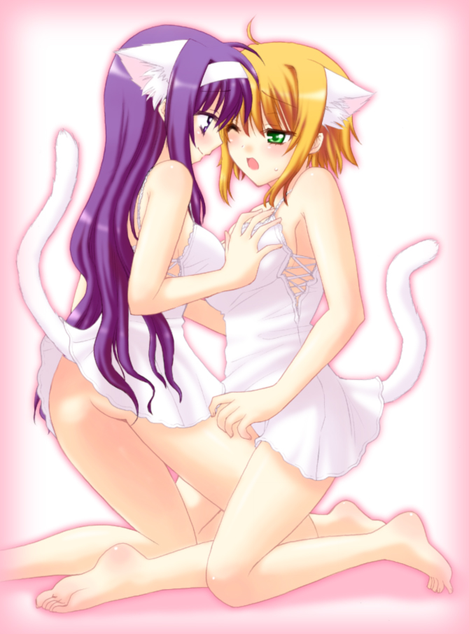 ahoge animal_ears arisa_bannings ass blush cat_ears catgirl feet female groping long_hair lyrical_nanoha mahou_shoujo_lyrical_nanoha multiple_girls nekomimi no_panties saki_chisuzu short_hair skirt suzuka_tsukimura tail yuri