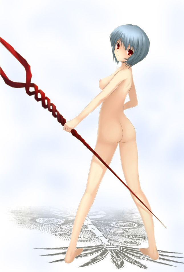 1girls back blue_hair female lance_of_longinus medium_breasts neon_genesis_evangelion nude red_eyes rei_ayanami tagme tetora tree_of_life weapon