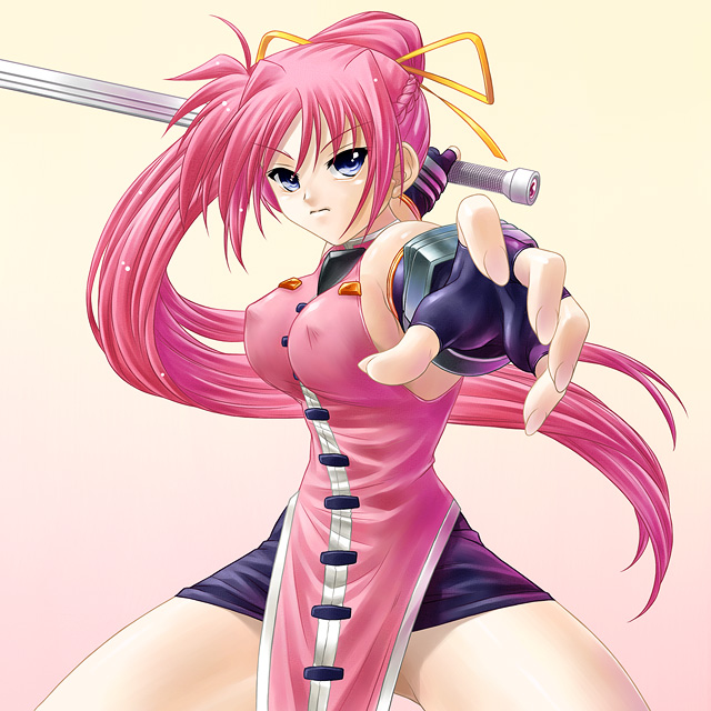 ayato blue_eyes blush breasts elbow_gloves erect_nipples levantine long_hair lyrical_nanoha mahou_shoujo_lyrical_nanoha mahou_shoujo_lyrical_nanoha_strikers necktie pink_hair ponytail signum skirt sword tie tied_hair uniform weapon