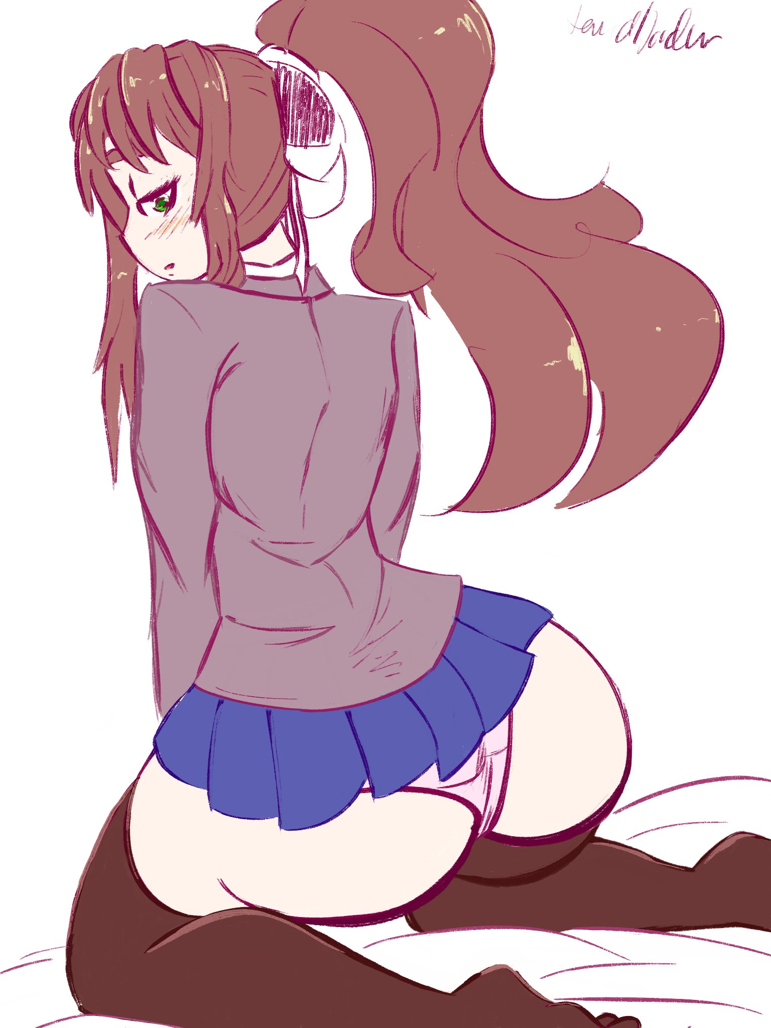 1girls, ass, ass focus, back, bed, big ass, big butt, blue skirt, blush, doki doki literature club, eyebrows, eyebrows visible through hair, fat ass, female, huge ass, kneeling, lewddoodler, looking back, miniskirt, monika (doki doki literature club), on bed, panties, pink panties, school uniform, schoolgirl, short skirt, skirt, thigh highs, thighhighs, thighs, upskirt