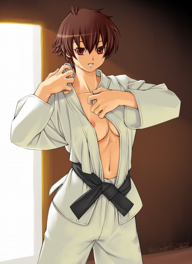 copyright_request dougi judo kamatori_pokari kimono nipple_slip nipples no_bra open_clothes open_shirt shirt short_hair sweat tomboy uniform very_short_hair