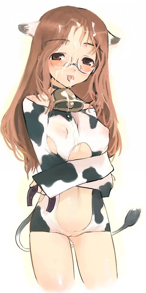 animal_ear animal_ears artist_request blush breasts cow_accoutrements cow_ear cow_girl glasses long_hair midriff milk pussy tail uncensored