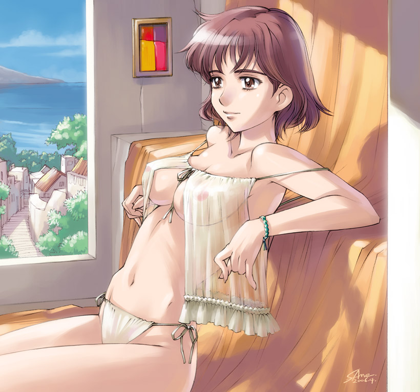 bare_shoulders blush bob_cut breasts brown_eyes brown_hair camisole kadokura_chisato midriff noel_la_neige open_clothes open_shirt panties pointy_chin sameha_ikuya see-through shirt short_hair side-tie_panties smile underboob underwear white_panties