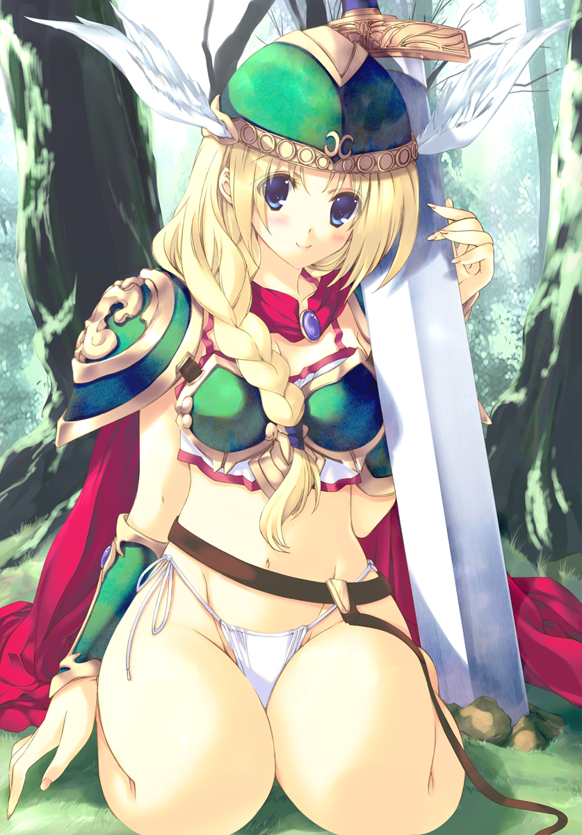 armor bikini_armor blonde_hair blue_eyes blush braid braids cape forest hair_over_shoulder head_wings headwings helmet highleg highleg_panties highres iizuki_tasuku legend_of_valkyrie long_hair midriff namco nature navel panties plait side-tie_panties single_braid sitting sword underwear valkyrie_(lov) weapon white_panties winged_helmet