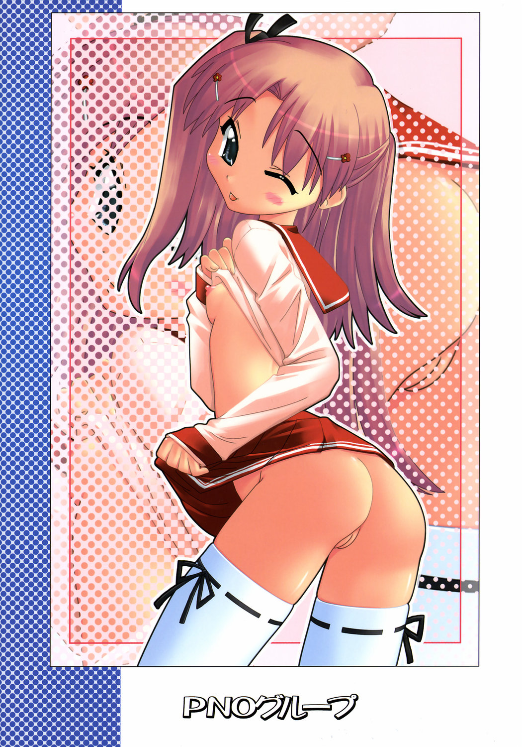 blush breasts clothing flat_chest highres maaryan nipple no_panties pussy school_uniform seifuku serafuku shirt shirt_lift skirt skirt_lift stockings thighhighs to_heart_(series) to_heart_2