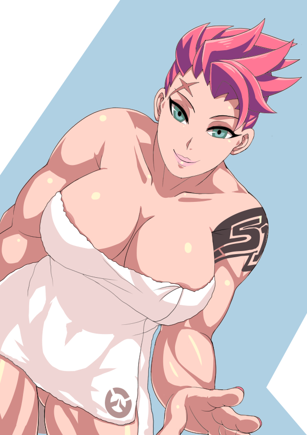 1girls 2d areolae bare_shoulders blizzard_entertainment blue_background blue_eyes breasts dutch_angle female green_eyes huge_breasts human kannovaku large_breasts lipstick looking_at_viewer muscles muscular_female naked_towel overwatch pink_hair pink_lipstick scar short_hair smile solo spiked_hair tattoo thick_thighs towel ukavonnak wide_hips zarya