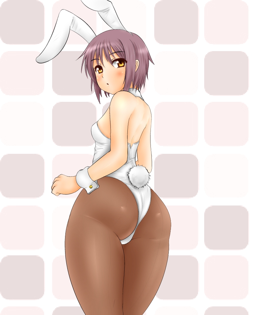 animal_ears ass blush bunny_ears bunny_tail bunnysuit female leotard looking_back nagato_yuki pantyhose purple_hair short_hair solo suzumiya_haruhi_no_yuuutsu tail thighs yellow_eyes yukirin_(nagatoyuki_ibukifuko)