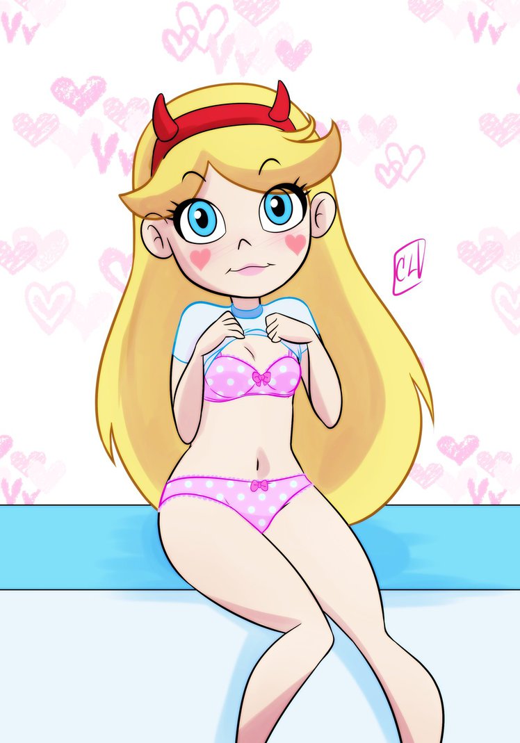 blonde female, blonde hair, blue eyes, bra, cartoonloli, disney, disney channel, disney xd, female, panties, polka dot panties, shirt lift, solo, star butterfly, star vs the forces of evil, straight hair, t-shirt, white female