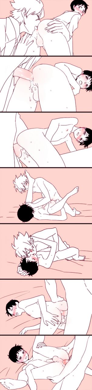 anal, anilingus, artist request, ass, ass grab, balls, blush, clothing, comic, doggy style, erection, from behind, kaworu nagisa, kissing, leg hold, legs, legs up, looking back, lying, male, male only, missionary, moaning, neon genesis evangelion, nude, open mouth, penis, sequential, sex, shinji ikari, spread legs, testicles, thighs, yaoi