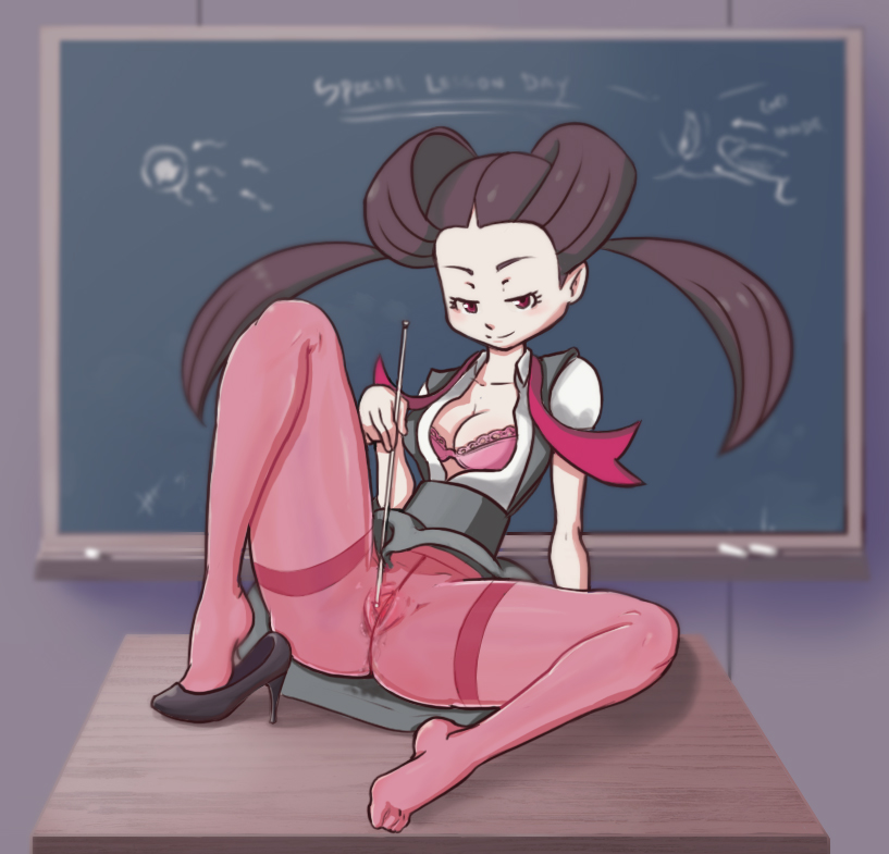 1girls, ascot, bard-bot, bra, breasts, brown hair, chalkboard, classroom, cleavage, desk, female, gym leader, human, human only, long hair, looking at viewer, nintendo, nipples, no panties, open clothes, open shirt, pantyhose, pink bra, pink legwear, pokemon, pokemon oras, presenting, pussy, pussy juice, red eyes, roxanne (pokemon oras), roxanne (pokemon), saliva, see-through, sex education, shiny, shiny clothes, shiny hair, skirt, smile, solo, spread pussy