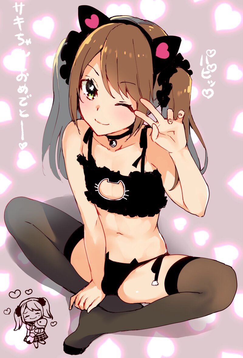 1boy, androgynous, brown hair, bulge, cat ears, femboy, male, solo, solo male, thighhighs, trap, wink