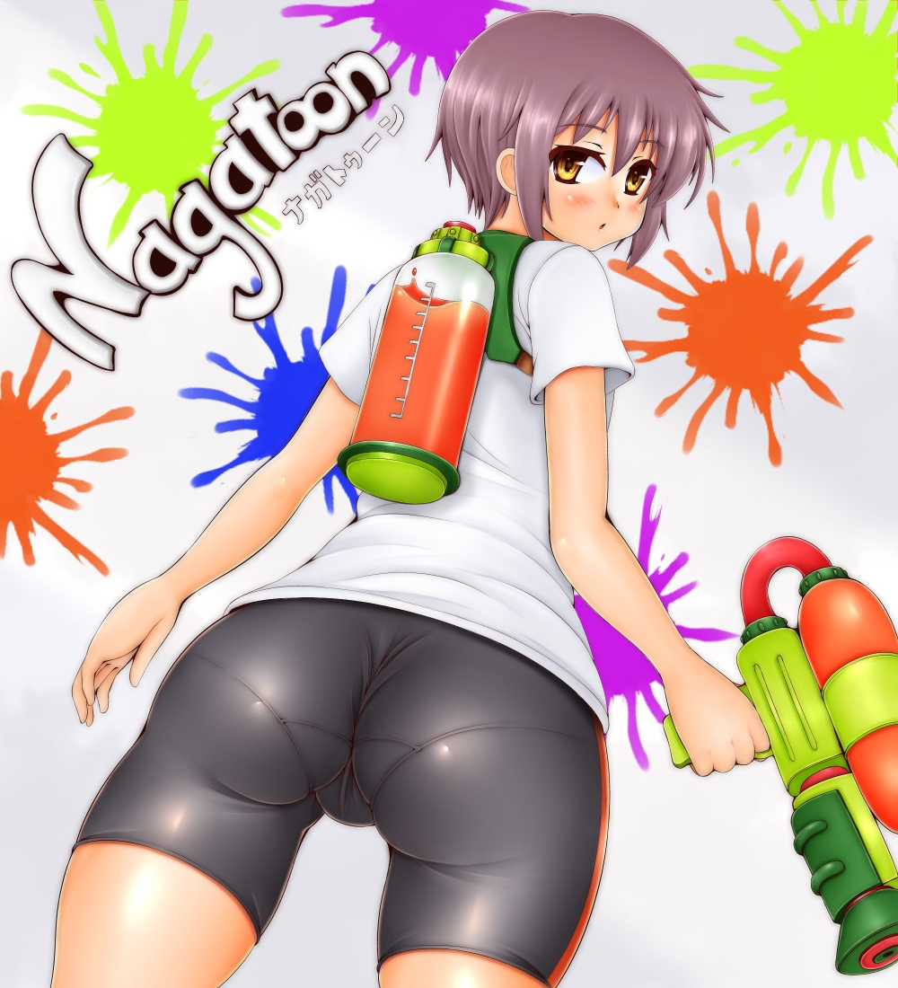 ass bike_shorts blush female gradient_background huge_ass looking_at_viewer looking_back nagato_yuki nintendo open_mouth panties pantylines purple_hair short_hair skin_tight solo splatoon suzumiya_haruhi_no_yuuutsu underwear wide_hips yellow_eyes yukirin_(nagatoyuki_ibukifuko)