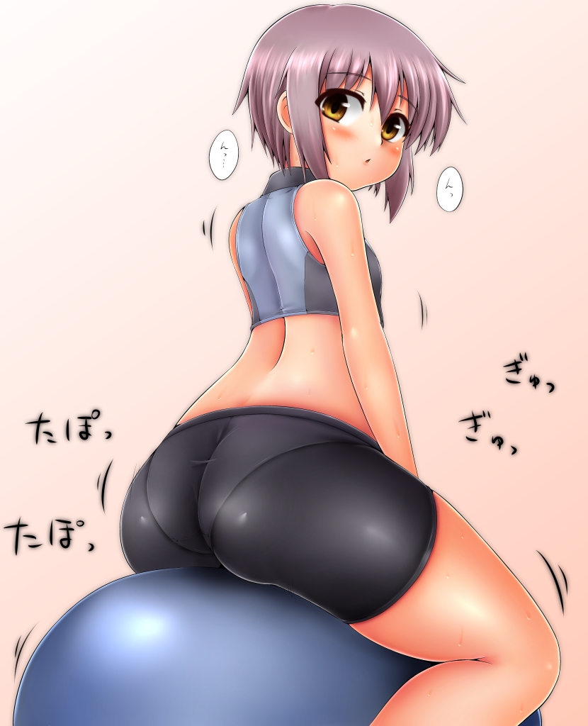 ass ball bike_shorts blush crop_top exercise_ball female humping looking_at_viewer looking_back masturbation nagato_yuki pantylines plump purple_hair short_hair solo suzumiya_haruhi_no_yuuutsu sweat yellow_eyes yukirin_(nagatoyuki_ibukifuko)