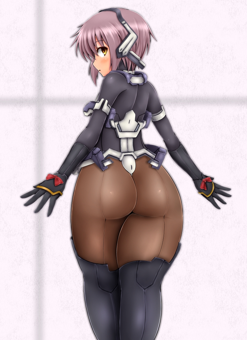 ass bad_proportions black_gloves blush boots cosplay female gloves headphones kyoukaisenjou_no_horizon looking_back nagato_yuki open_mouth pantyhose purple_hair short_hair skin_tight solo suzumiya_haruhi_no_yuuutsu thigh_boots thighhighs yellow_eyes yukirin_(nagatoyuki_ibukifuko)