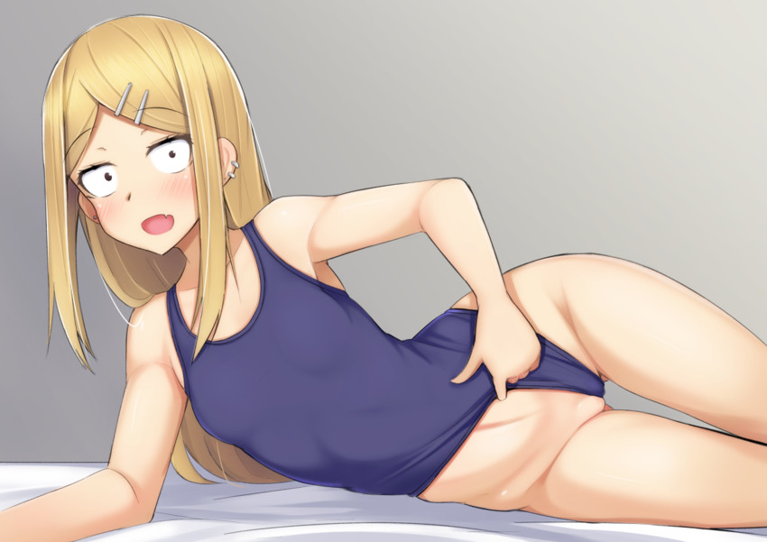 1girls alfort_(may0508) blonde_hair brown_eyes dagashi_kashi endou_saya_(dagashi_kashi) female hair_ornament looking_at_viewer lying navel open_mouth pussy school_swimsuit small_breasts swimsuit swimsuit_aside thigh_gap