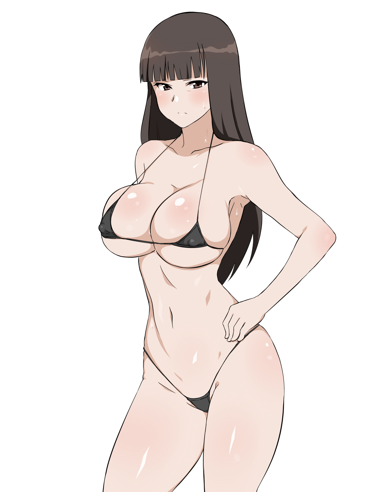 1girls, 2016, 2d, 2d (artwork), adult female, big breasts, bikini, black bikini, black hair, blush, body blush, breasts, brown eyes, busty, cleavage, covered nipples, female, female only, girls und panzer, highres, kagemusha, large breasts, light skin, light-skinned female, long hair, looking at viewer, micro bikini, milf, nishizumi shiho, no sex, questionable, realistic proportions, shy, simple background, standing, swimsuit, voluptuous, white background
