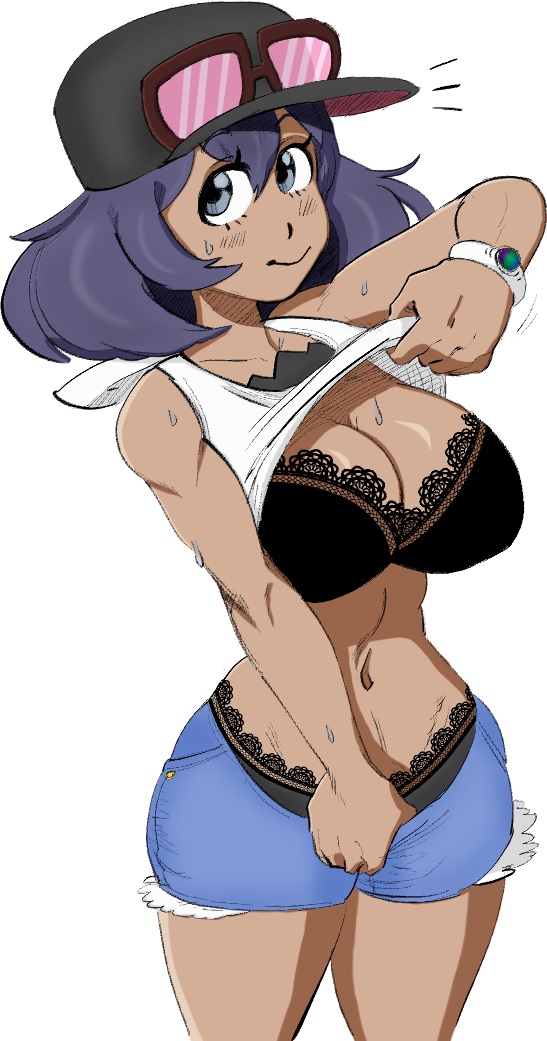 1girls, abs, belly, big breasts, black panties, blue eyes, blush, bra, bracelet, breasts, busty, cleavage, clothed, dark skin, dark-skinned female, eyewear on head, female, female only, hat, human, jean shorts, large breasts, looking at viewer, mega stone, navel, nintendo, panties, pokemon, pokemon sm, pokemon xy, purple hair, shirt, shirt lift, sina (pokemon), sketch, smile, solo, sunglasses, sunglasses on head, sweat, tan, tank top, thigh gap, thin waist, undressing, wet, white background, wide hips