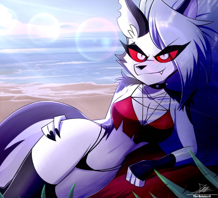 2023 anthro artist_name artist_signature beach black_nails black_panties canine curvy curvy_female demon deviantart deviantart_link eye_visible_through_hair eyebrows_visible_through_hair female furry furry_female hellhound helluva_boss hourglass_figure loona_(helluva_boss) ocean_background pentagram pinup pinup_pose pointy_nails red_bra red_eyes sea_background solo solo_female tail the-butch-x the-butcher-x the_butcher_(artist) two_tone_bikini wide_hips