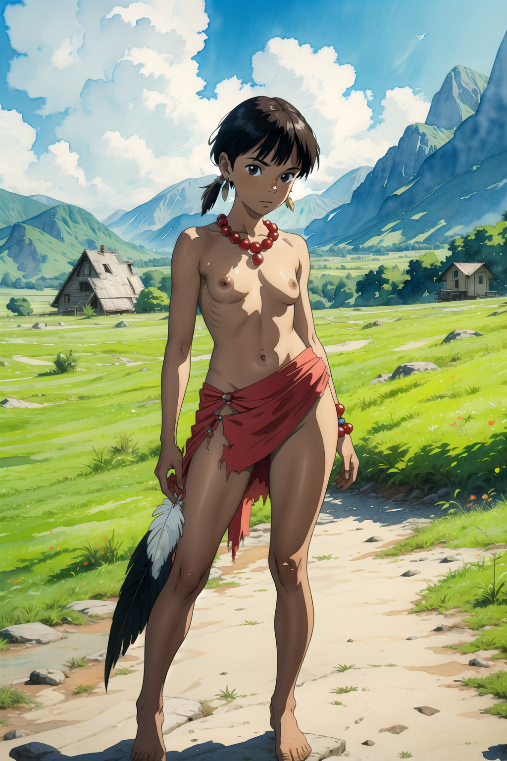 ai ai_generated barefoot breasts brown_eyes brown_hair clouds countryside dark-skinned_female dark_nipples dark_skin feathers house loincloth mountain native_american native_american_female nature nature_background nipples original_character petite skinny sky small_breasts topless tribal tribal_clothing tribal_jewelry