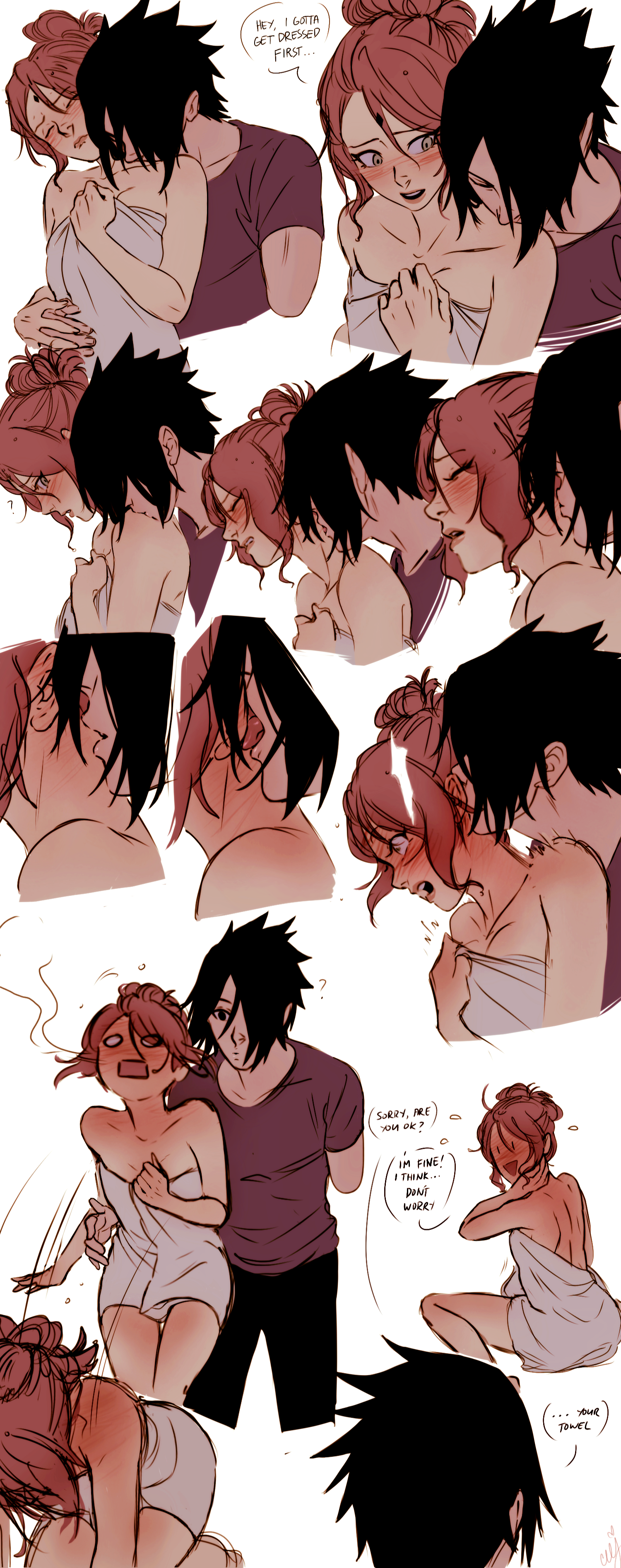 1boy, 1girls, black hair, black-haired male, blush, ceejss, female, female focus, human, kissing neck, licking ear, light skin, light-skinned female, light-skinned male, male, naruto, naruto (series), neck kiss, pink hair, pink-haired female, sakura haruno, sasuke uchiha, towel, towel only, wholesome