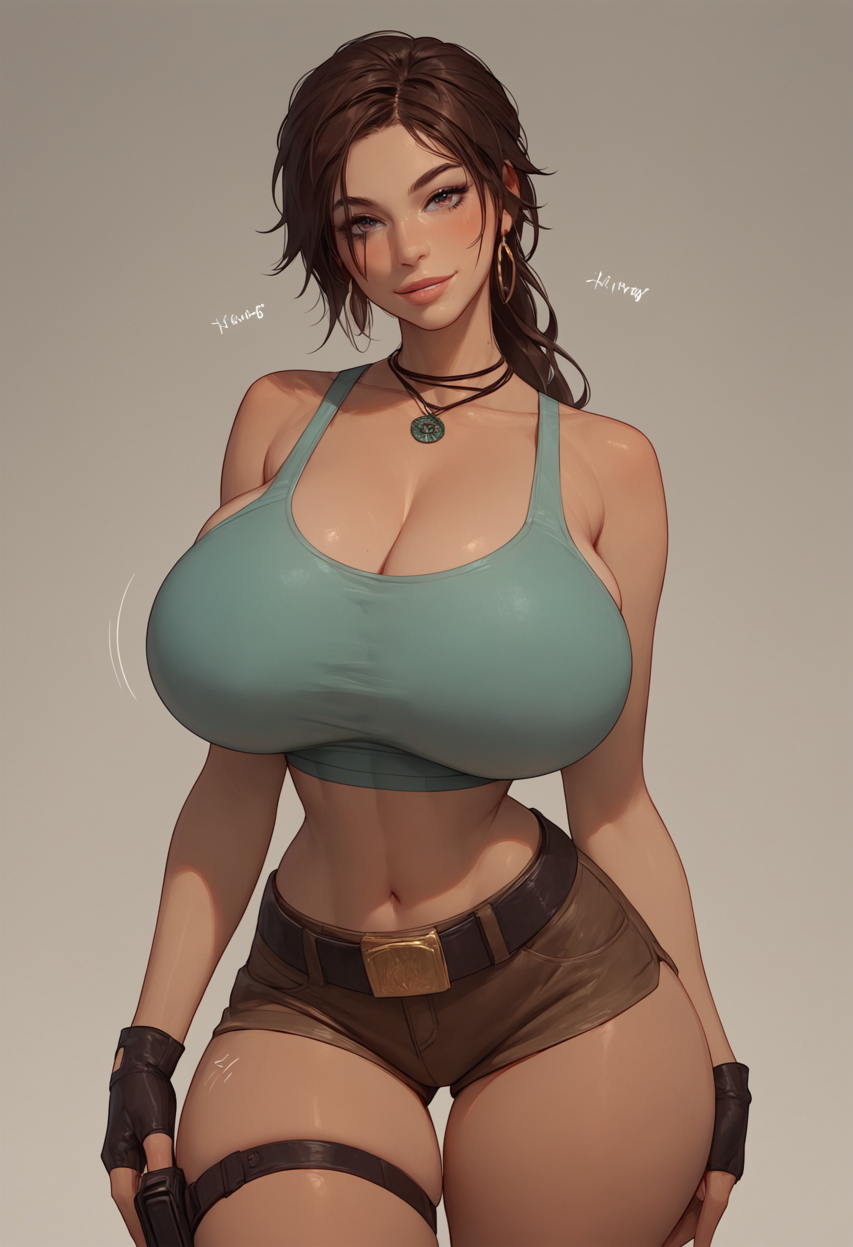 1girls, ai generated, bolt on tits, braided hair, breast implants, breasts, brown eyes, brown hair, cleavage, edenaiart, enhanced breasts, fake breasts, female, female only, lara croft, lara croft (classic), long hair, massive breasts, shorts, silicone, silicone implants, slim waist, solo, solo female, tank top, thick thighs, tomb raider, voluptuous