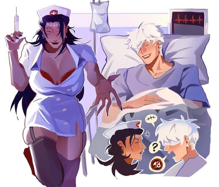 1boy 1girls busty cleavage female genderswap_(mtf) hospital hospital_bed jujutsu_kaisen long_hair male nurse nurse_cap nurse_clothing nurse_uniform question_mark rule_63 satoru_gojo suguru_geto syringe thick_thighs thighhighs white_hair