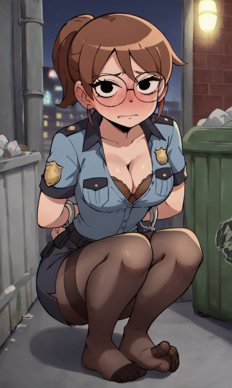 ai_generated ass bigmic145 bra breasts brown_hair clothed clothed_female clothing earrings feet female female_only foot_fetish glasses julie_powers looking_at_viewer netflix panties panties_under_pantyhose pantyhose police police_uniform policewoman ponytail scott_pilgrim scott_pilgrim_takes_off skirt solo_female