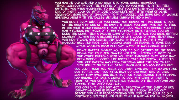 anthro areola bottomless breasts claws clothed clothing crouching demon digitigrade english_text female footwear furgonomic_footwear furgonomics genitals hand_on_leg hand_on_thigh high_heels humanoid_genitalia humanoid_pussy interstellar muscular muscular_female pink_background pink_body pink_scales pussy red_claws scales scalie sharp_teeth shoes simple_background snout solo spikes spikes_(anatomy) stripper tapering_tail teeth text