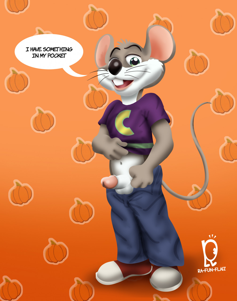 1boy 2022 2d 2d_(artwork) 2d_artwork balls ballsack boner buckteeth chuck_e_cheese chuck_e_cheese_(franchise) clothed clothing digital_art digital_drawing_(artwork) digital_media_(artwork) erect_penis erection fuzzycat halloween jeans jeans_down lifting_shirt male male_only mascot mouse mouse_tail murid pants pants_down pants_pull pants_pulled_down penis penis_out pulling_down_pants pumpkin rodent sneakers solo tail thick_penis