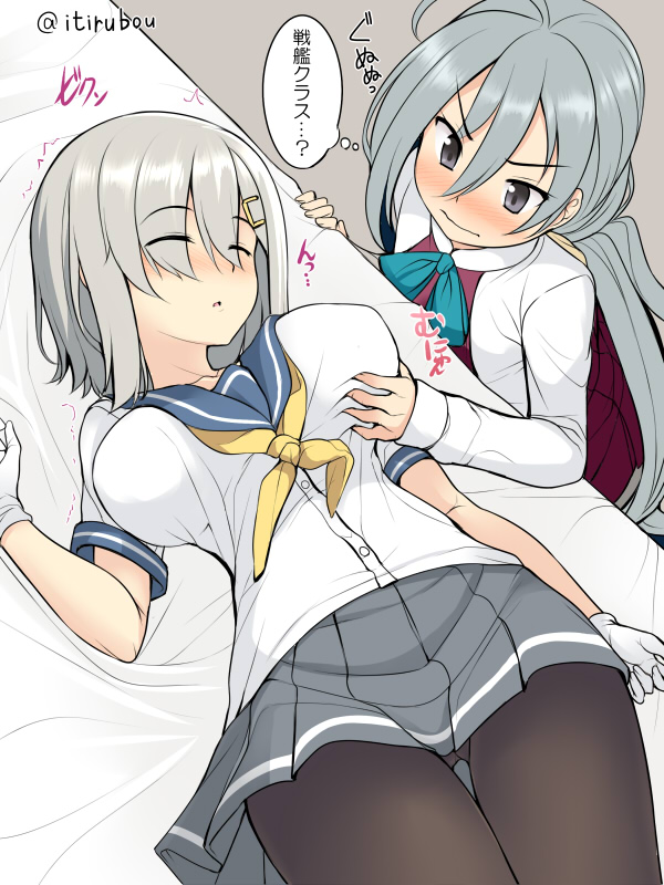 2girls breast_envy breast_grab female female_only groping hamakaze_(kantai_collection) inspection kantai_collection molestation multiple_girls sleep_molestation sleeping yuri