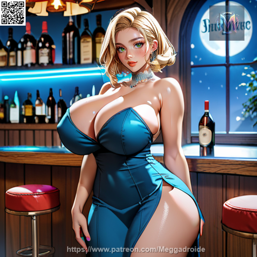 1girls ai_generated bar big_breasts blonde_female blonde_hair blue_dress breasts cleavage dress full_moon green_eyes night night_sky