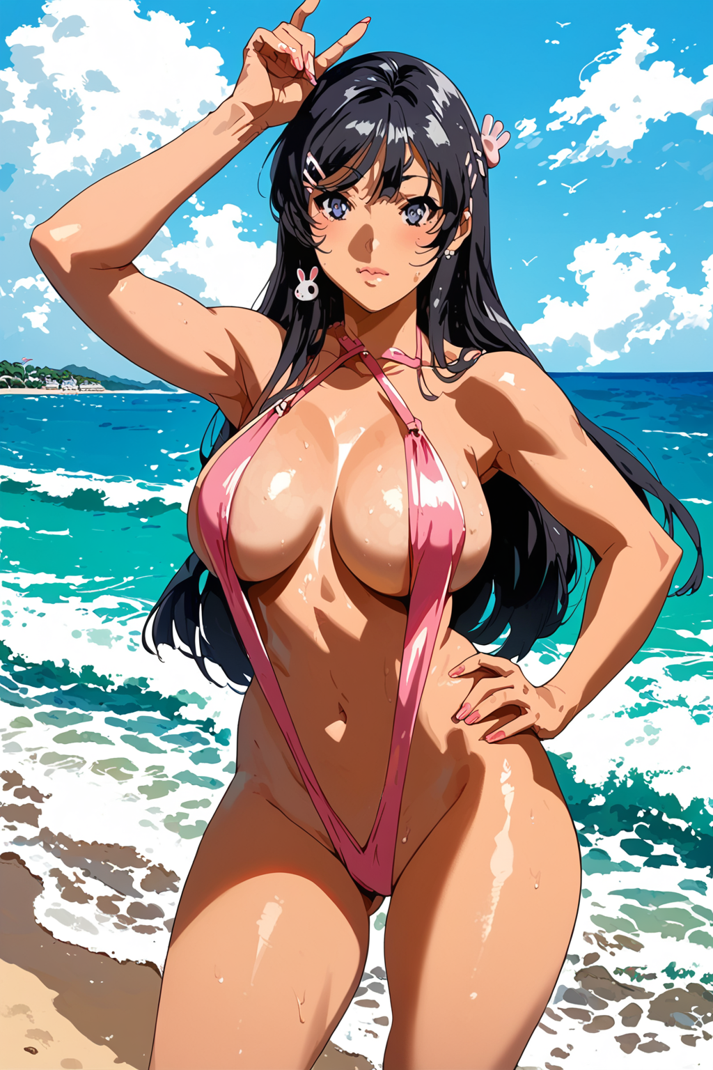 ai_generated beach black_hair female long_hair posing_for_picture sakurajima_mai seishun_buta_yarou_wa_bunny_girl_senpai_no_yume_wo_minai sling_bikini slingshot_swimsuit