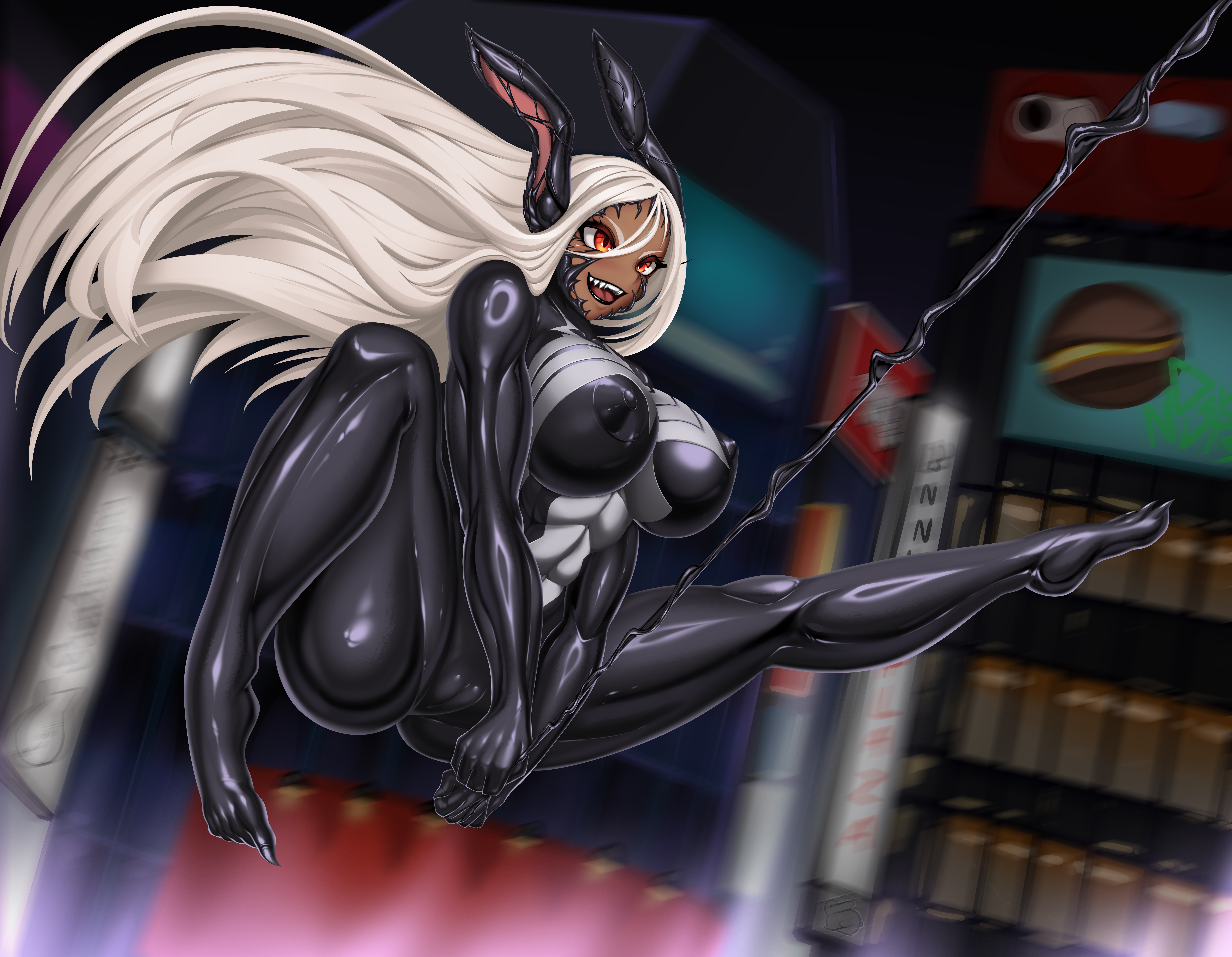 2025, absurd res, animal humanoid, big breasts, black body, black latex, black nipples, breasts, female, genitals, hair, hi res, humanoid, lagomorph, lagomorph humanoid, latex, leporid humanoid, liquid latex, long hair, mammal, mammal humanoid, marvel, marvel comics, miruko, my hero academia, nipples, orange eyes, pussy, rabbit ears, rabbit humanoid, rikatsuky, rumi usagiyama, solo, symbiote, venom (marvel), vulva, white hair
