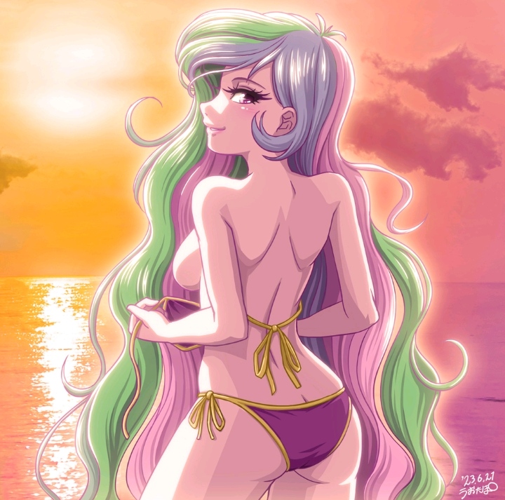 1milf 2023 artist_signature back-tie_bikini backboob bikini deviantart_link equestria_girls female hasbro human humanized long_hair looking_back milf multicolored_hair my_little_pony ocean_background princess_celestia_(mlp) principal_celestia purple_panties removing_bra side-tie_panties solo solo_female sun sunset topless topless_female uotapo very_long_hair