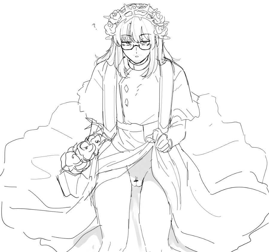 ? cuntboy cuntboy_only cute_male glasses gregor_(limbus_company) lifting_skirt lifting_up_skirt limbus_company project_moon raised_eyebrow rose_hair_ornament roses stubble uncolored