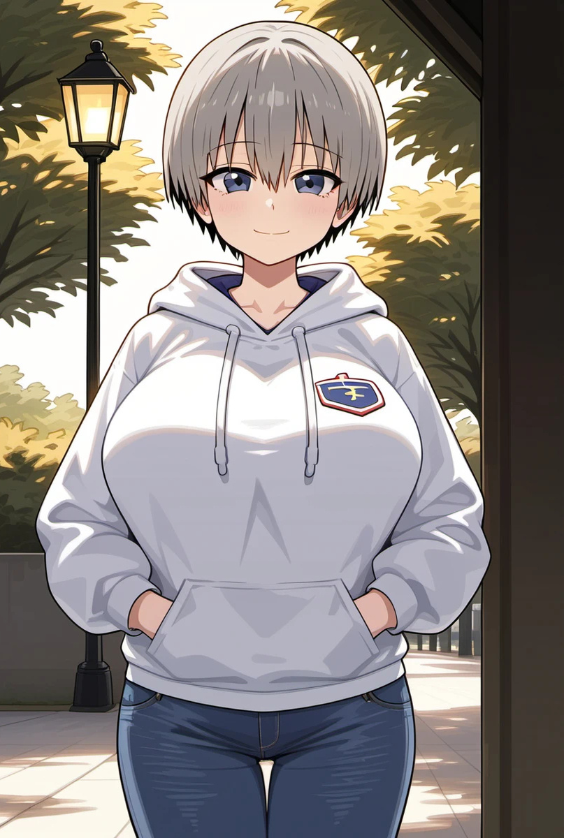 ai_generated blue_eyes coat gigantic_breasts grey_hair huge_breasts jean_shorts kemonogirls light-skinned_male light_skin looking_at_viewer massive_breasts short_hair shortstack smiling solo_female thick_body thick_female uzaki-chan_wa_asobitai! uzaki_hana voluptuous voluptuous_futanari