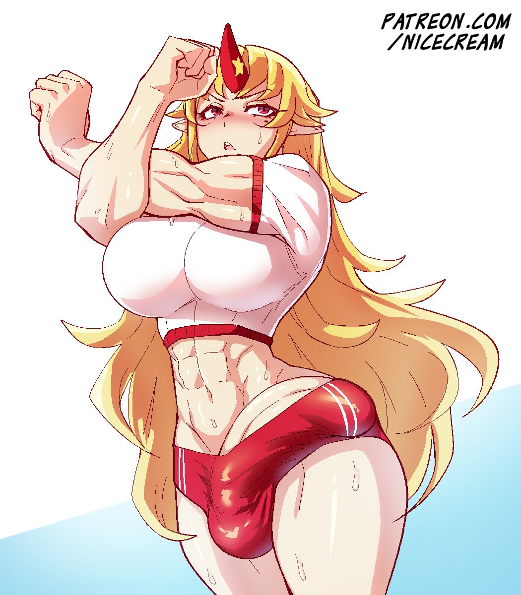 1futa abs balls blonde_hair bloomers breasts bulge buruma clothed clothing erection erection_under_clothes female futa_only futanari highres horns hoshiguma_yuugi huge_cock humanoid humanoid_penis large_breasts light-skinned_futanari light_skin long_hair midriff mostly_clothed muscular muscular_female nicecream oni penis penis_peek pointy_ears single_horn solo standing sweat touhou